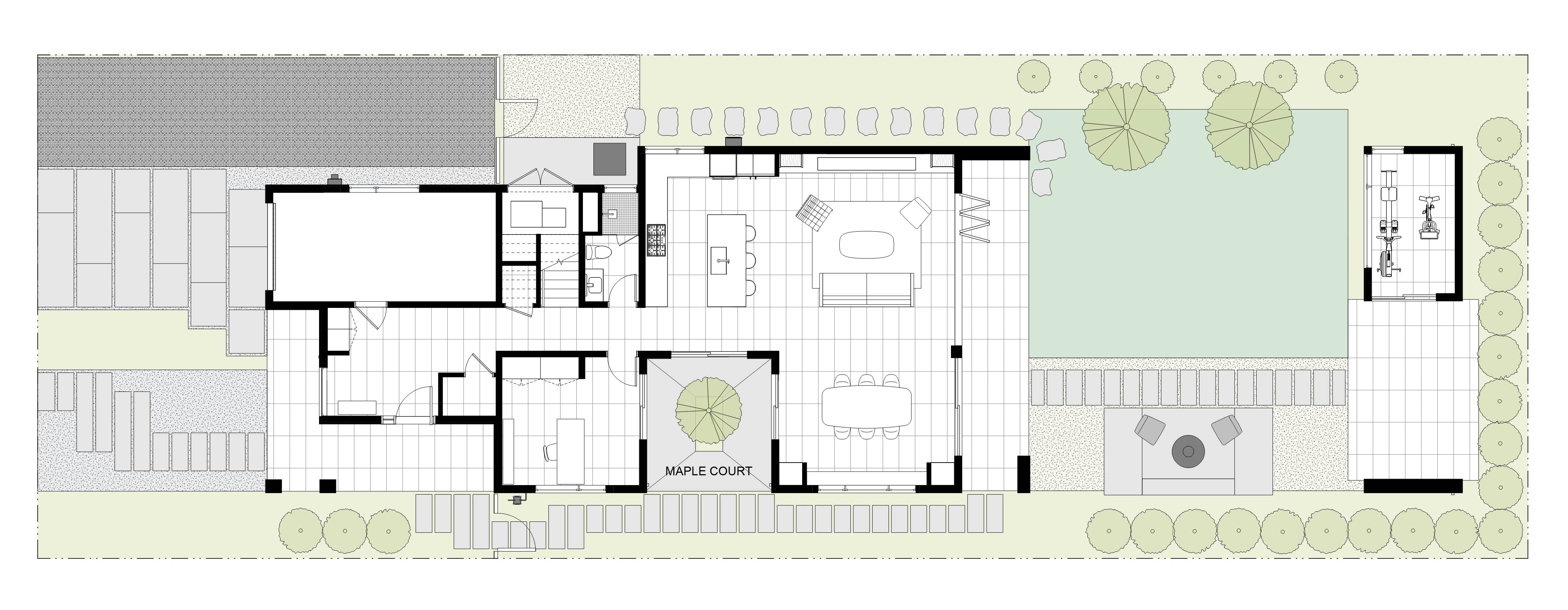 Level 1 floor plan showing the Maple Courtyard, living spaces, rear garden, and accessory structure