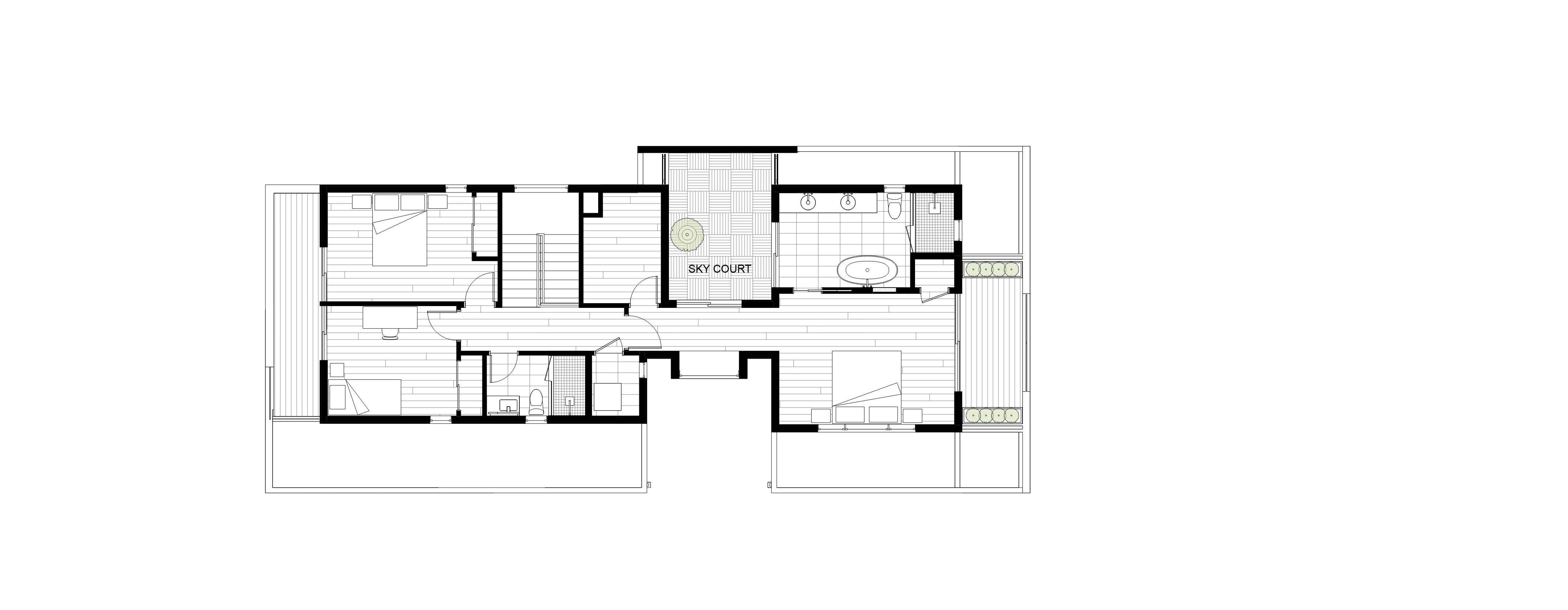 Level 2 floor plan showing the upper courtyard, bedrooms, and balconies